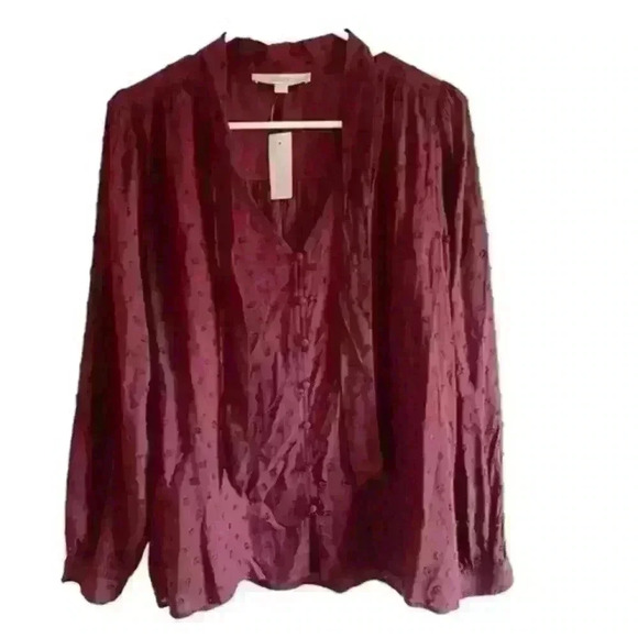 Loft burgundy long sleeve Swiss dot button front with tie shirt size small NWT - Picture 1 of 5